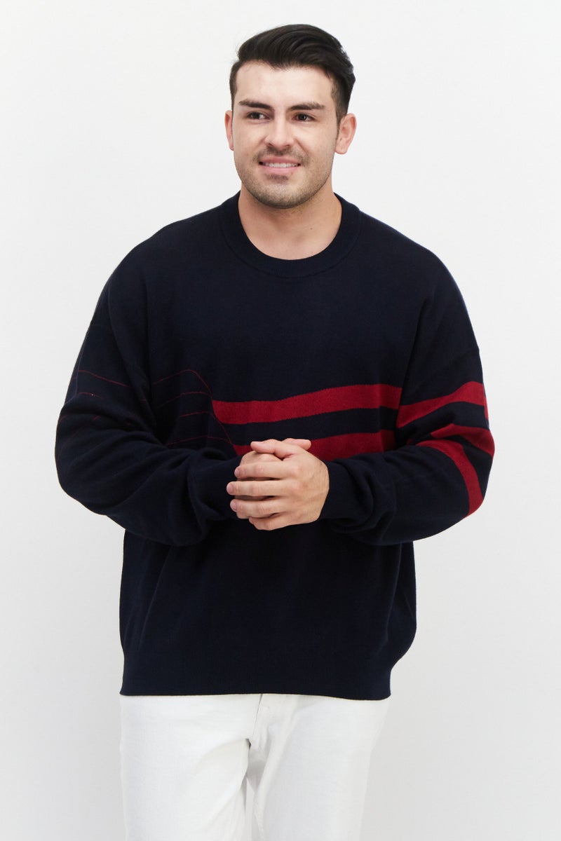PERRY ELLIS Men Crew Neck Long Sleeve Colorblock Sweater, Navy - Image 1