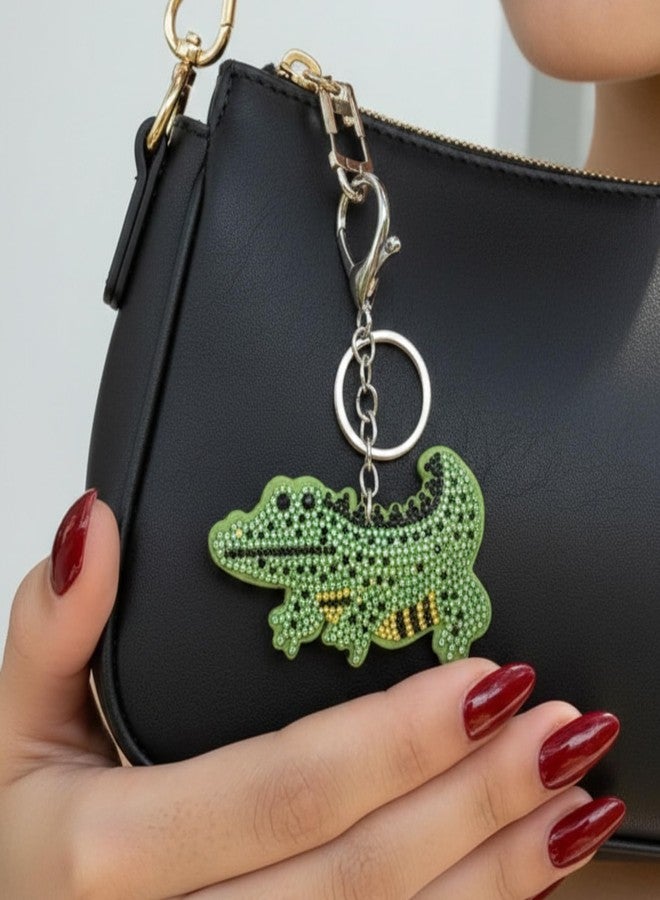 SALVE Green Rhinestone Encrusted Chic Crocodile Silver-Toned Bag Charm for Handbags | Cute Key Chain for Girls with Silver-Toned Clasp | Aesthetic Keychain for Women for Purse, Car Keys, Home Keys - Image 2