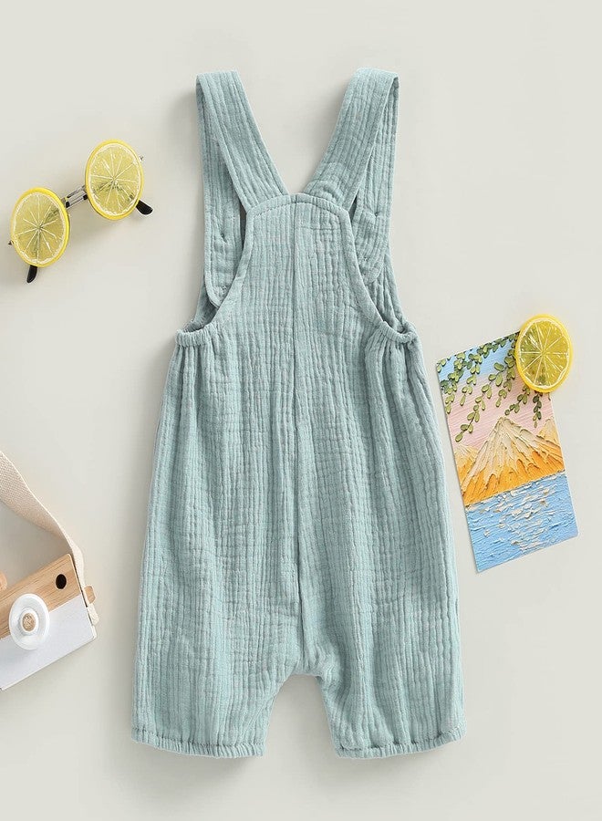 BULINGNA Baby Girl Boy Cotton Linen Romper Sleeveless Button Front Overalls Jumpsuit Newborn Infant Bodysuit for Summer (Blue, 6-12 Months) - Image 4