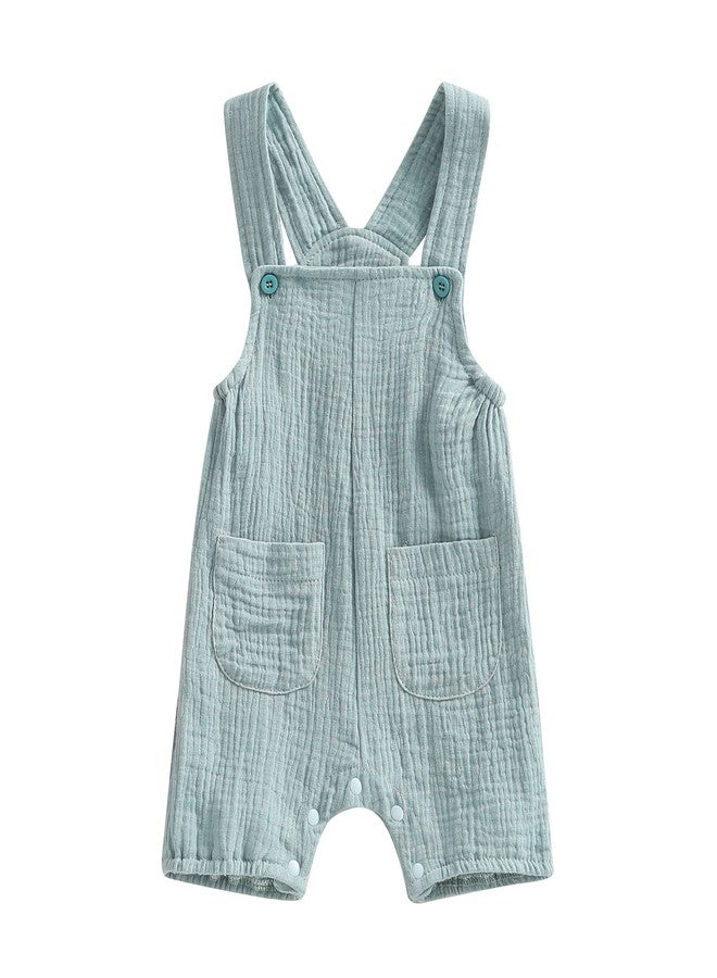 BULINGNA Baby Girl Boy Cotton Linen Romper Sleeveless Button Front Overalls Jumpsuit Newborn Infant Bodysuit for Summer (Blue, 6-12 Months) - Image 1