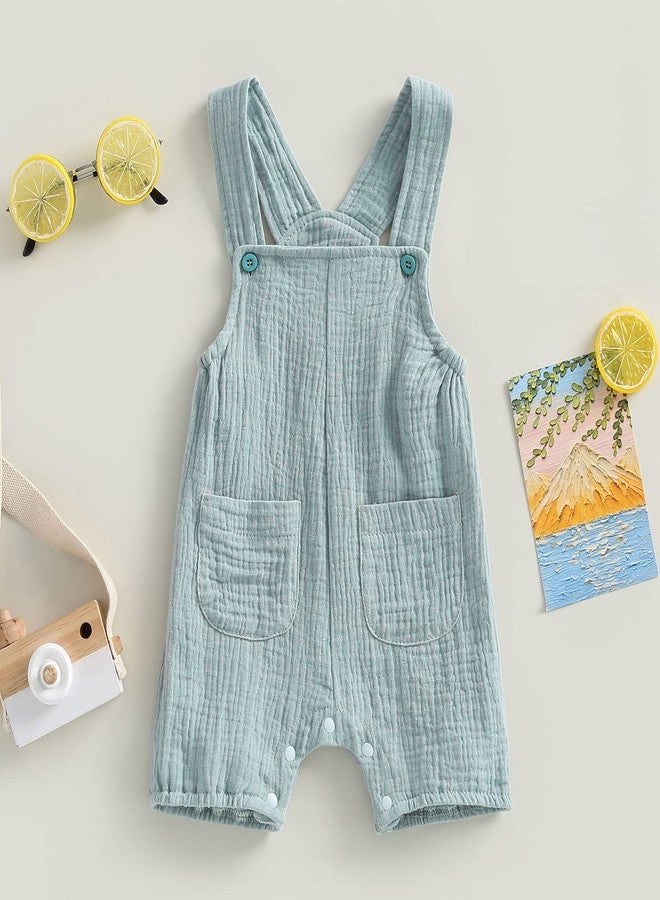 BULINGNA Baby Girl Boy Cotton Linen Romper Sleeveless Button Front Overalls Jumpsuit Newborn Infant Bodysuit for Summer (Blue, 6-12 Months) - Image 2