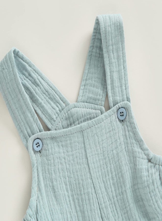 BULINGNA Baby Girl Boy Cotton Linen Romper Sleeveless Button Front Overalls Jumpsuit Newborn Infant Bodysuit for Summer (Blue, 6-12 Months) - Image 5