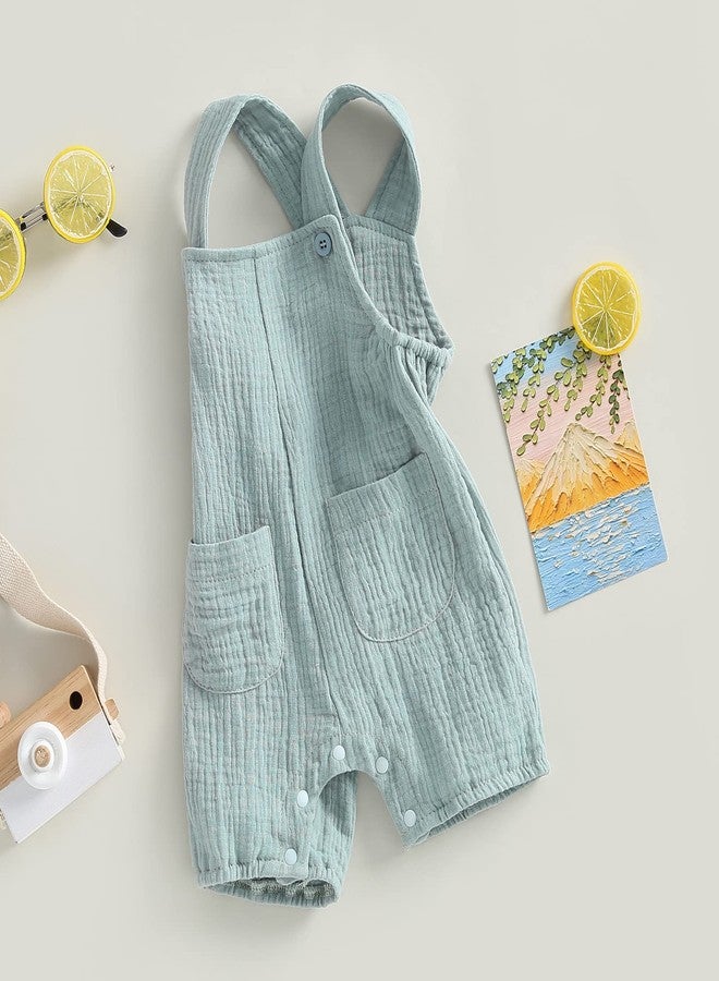 BULINGNA Baby Girl Boy Cotton Linen Romper Sleeveless Button Front Overalls Jumpsuit Newborn Infant Bodysuit for Summer (Blue, 6-12 Months) - Image 3