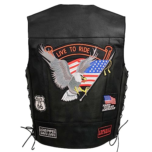 EVENT LEATHER ELM3930 Men’s Black Motorcycle Riders Leather Vest w/ 9 Patches and Adjustable Side Laces - Medium - Image 1