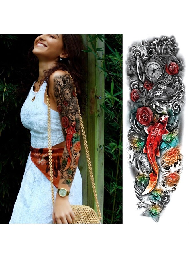 Briyhose Realistic Fish Sleeve Tattoo Stickers, Full Arm Fish Flower Fake Tempoary Tattoo Sleeve For Women Kid, Long Lasting Large Color Arm Temp Tatoo Boy Girl Leg Body Art Makeup, 4-Sheet - Image 2
