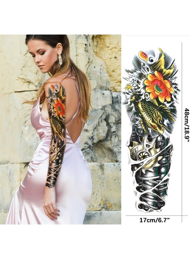 Briyhose Realistic Fish Sleeve Tattoo Stickers, Full Arm Fish Flower Fake Tempoary Tattoo Sleeve For Women Kid, Long Lasting Large Color Arm Temp Tatoo Boy Girl Leg Body Art Makeup, 4-Sheet - Image 1