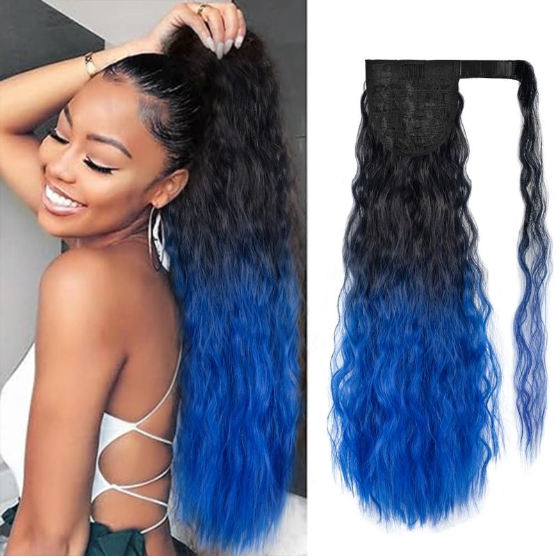 Corn Wave Ponytail Extension Wrap Around 26 Inches Long Curly Wavy Pony Tail Extension Synthetic Black to Blue Ponytails Hairpiece for Women Girls (26 Inches, 1BTBlue Black to Blue)