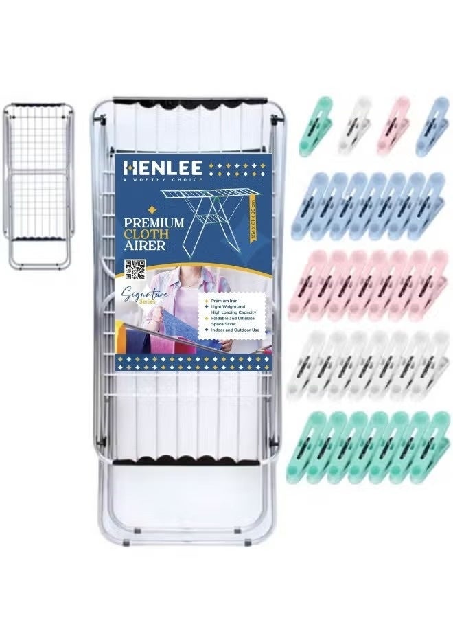 HENLEE Clothes Dryer Stand + 20 clips laundry rack Clothes Drying Stand clothes dryer stand with Adjustable Folding Wing cloth dryer and Clips Clothes Hanger Stand Drying Rack clothes rack, Clothes Rack for Drying Clothing, Cloth Drying Stand - Image 1