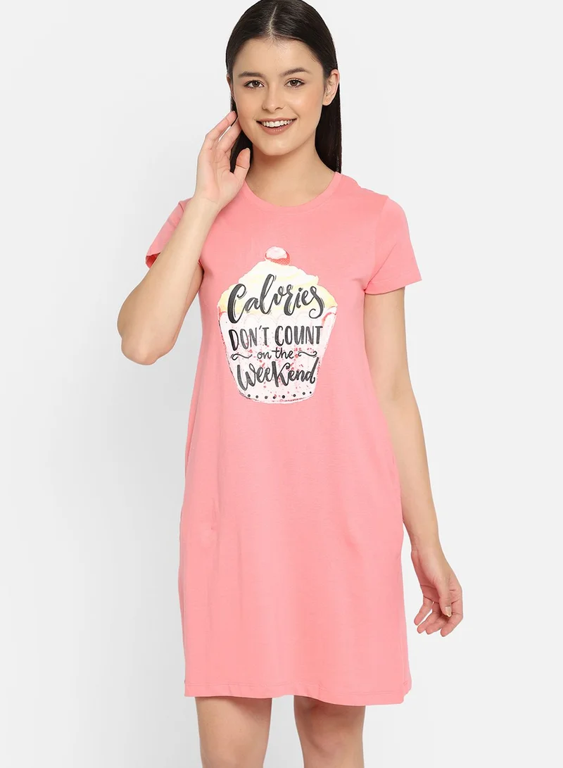 Clovia Cupcake & Text Print Short Nightdress - 100% Cotton