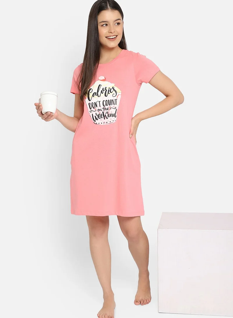Clovia Cupcake & Text Print Short Nightdress - 100% Cotton