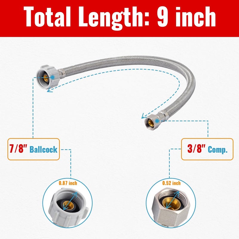 SUNGATOR 9'' Toilet Water Supply Line, 7/8" Ballcock x 3/8" Compression Toilet Hose Connector, 9 Inch Braided Stainless Steel Water Supply Line with 1 Wrench and Sealing Tape (1 Pack) - Image 3