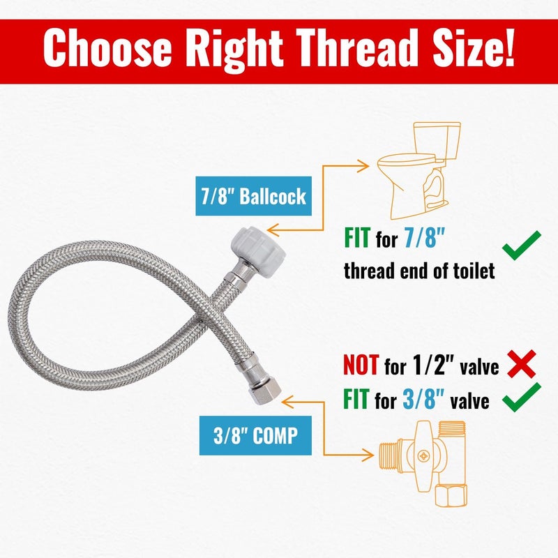 SUNGATOR 9'' Toilet Water Supply Line, 7/8" Ballcock x 3/8" Compression Toilet Hose Connector, 9 Inch Braided Stainless Steel Water Supply Line with 1 Wrench and Sealing Tape (1 Pack) - Image 5