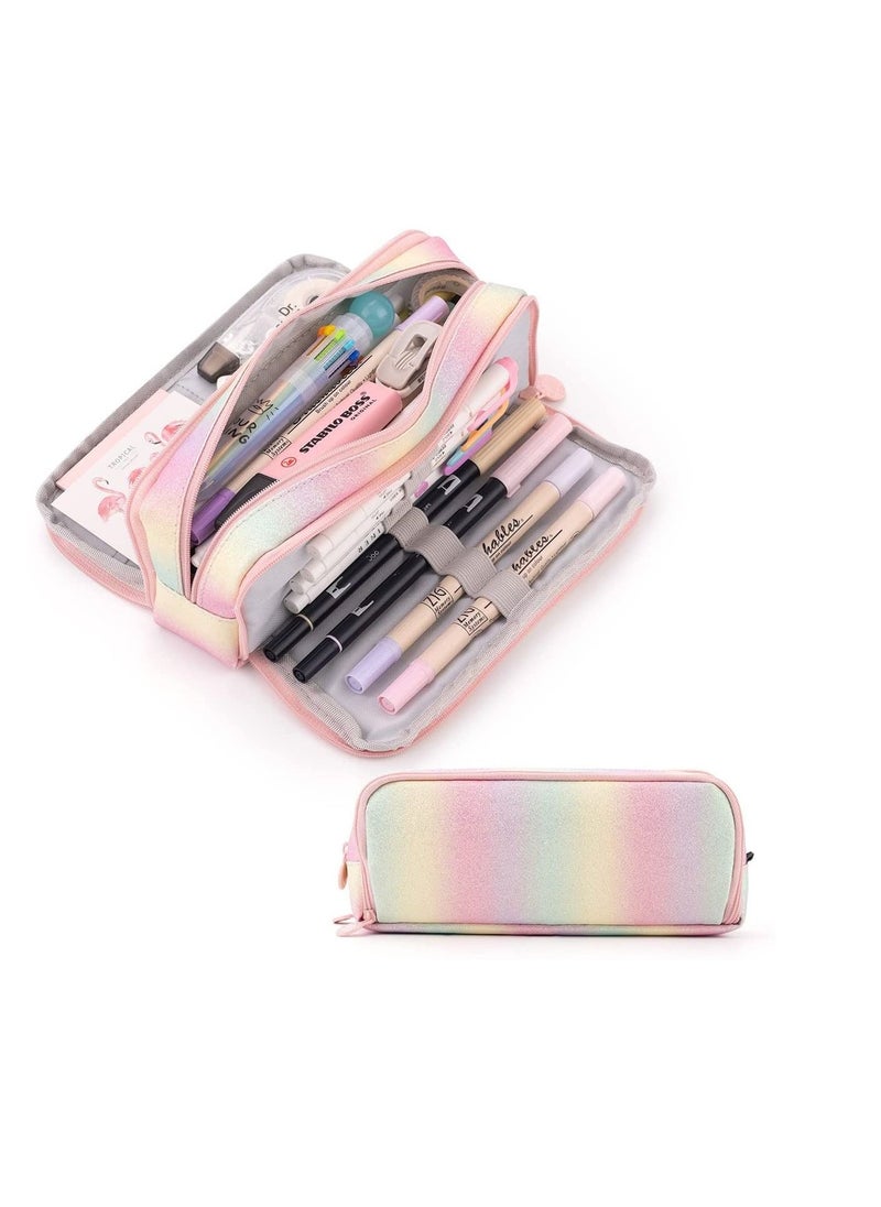 KASTWAVE Large Capacity Pencil Case 3 Compartment Pencil Pouch Pen Bag for Teen Girls Boy Men Women (Rainbow) - Image 1