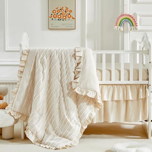 Flysheep 3 Pieces Tufted Stripes Crib Bedding Set with Ruffle Fringe Beige Ruffled Comforter with Fitted Sheet and Bed Skirt Soft and Embroidery Shabby Chic Boho Bohemian Jacquard Design for Baby Girls Boys - Image 1