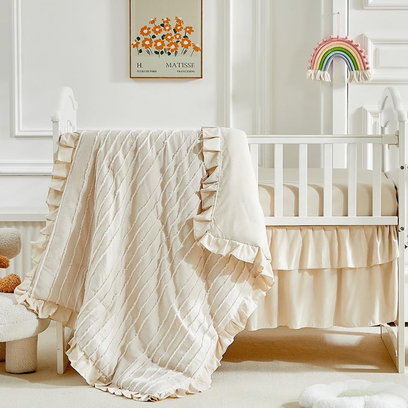 Flysheep 3 Pieces Tufted Stripes Crib Bedding Set with Ruffle Fringe Beige Ruffled Comforter with Fitted Sheet and Bed Skirt Soft and Embroidery Shabby Chic Boho Bohemian Jacquard Design for Baby Girls Boys - Image 2