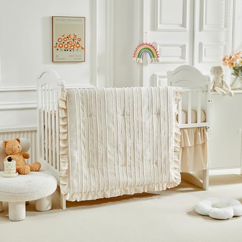 Flysheep 3 Pieces Tufted Stripes Crib Bedding Set with Ruffle Fringe Beige Ruffled Comforter with Fitted Sheet and Bed Skirt Soft and Embroidery Shabby Chic Boho Bohemian Jacquard Design for Baby Girls Boys - Image 3