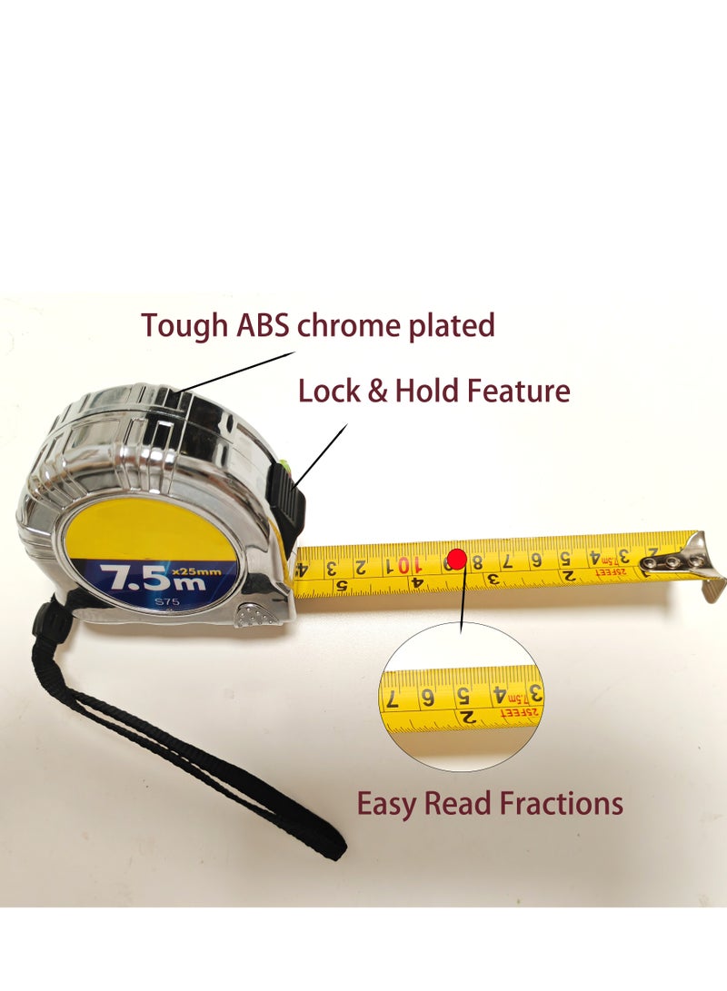 SUNRISE Tape Measure 7.5m Chrome-Plated ABS, Heavy Duty, Multi-Purpose Measuring Tape with Clear Fraction Markings, Non-Slip Grip, Auto Lock Manual Override for Construction, Engineering - Image 2