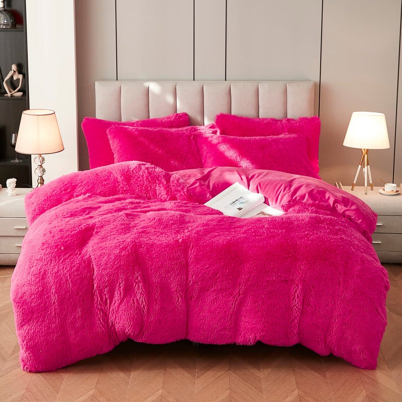 Uhamho Faux Fur Velvet Fluffy Bedding Duvet Cover Set Down Comforter Quilt Cover with Pillow Shams Ultra Soft Warm King Hot Pink
