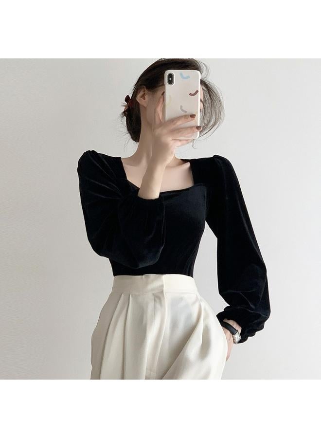 Square Collar Design Solid Color Long Sleeve T-shirt Women's Autumn New Bottoming Shirt Irregular Inner Jacket Trend 