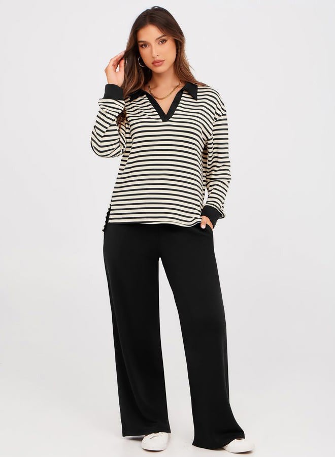 Glamaker Women's 2 Piece Sets Outfits Casual Long Sleeve Sweatsuits Polo Top and Wide Leg Pants Matching Sets, Striped Black, L - Image 2
