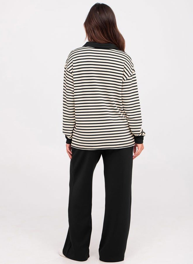 Glamaker Women's 2 Piece Sets Outfits Casual Long Sleeve Sweatsuits Polo Top and Wide Leg Pants Matching Sets, Striped Black, L - Image 4