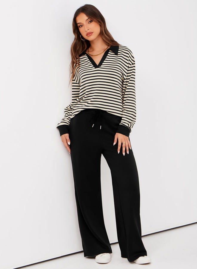 Glamaker Women's 2 Piece Sets Outfits Casual Long Sleeve Sweatsuits Polo Top and Wide Leg Pants Matching Sets, Striped Black, L - Image 5