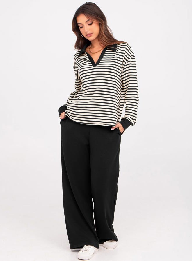 Glamaker Women's 2 Piece Sets Outfits Casual Long Sleeve Sweatsuits Polo Top and Wide Leg Pants Matching Sets, Striped Black, L - Image 3
