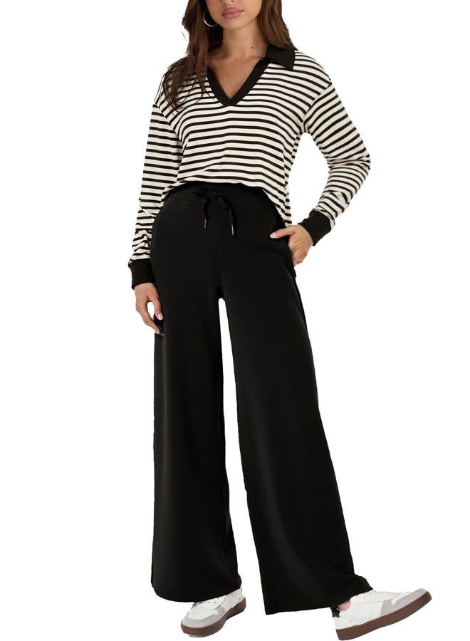 Glamaker Women's 2 Piece Sets Outfits Casual Long Sleeve Sweatsuits Polo Top and Wide Leg Pants Matching Sets, Striped Black, L - Image 1