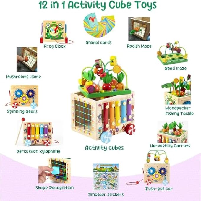 لعبة مكعب النشاط الخشبي، 12 في 1 ألعاب تعليمية خشبية مونتيسوري مع أدوات صيد عشوائية ومتاهة خرز، ألعاب فرز الأشكال، أنشطة التعلم لرياض الأطفال، ألعاب المهارات الحركية الدقيقة - Image 3