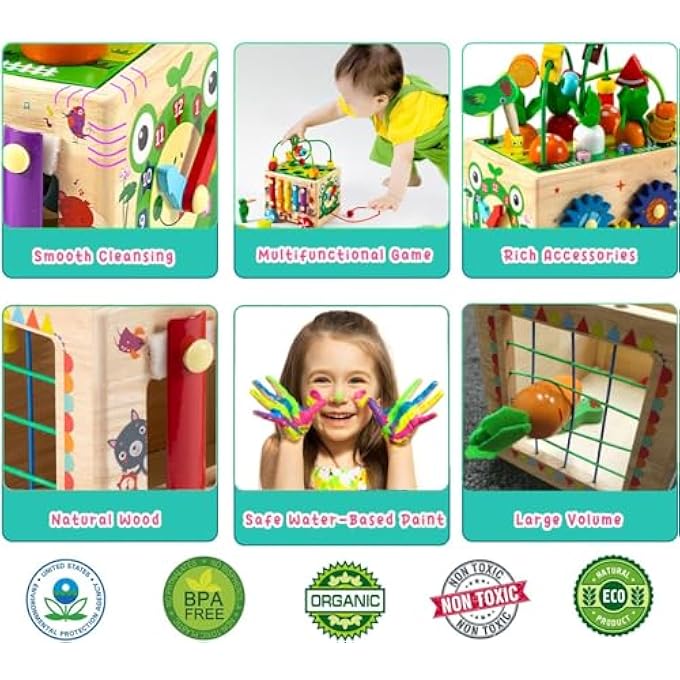 لعبة مكعب النشاط الخشبي، 12 في 1 ألعاب تعليمية خشبية مونتيسوري مع أدوات صيد عشوائية ومتاهة خرز، ألعاب فرز الأشكال، أنشطة التعلم لرياض الأطفال، ألعاب المهارات الحركية الدقيقة - Image 5