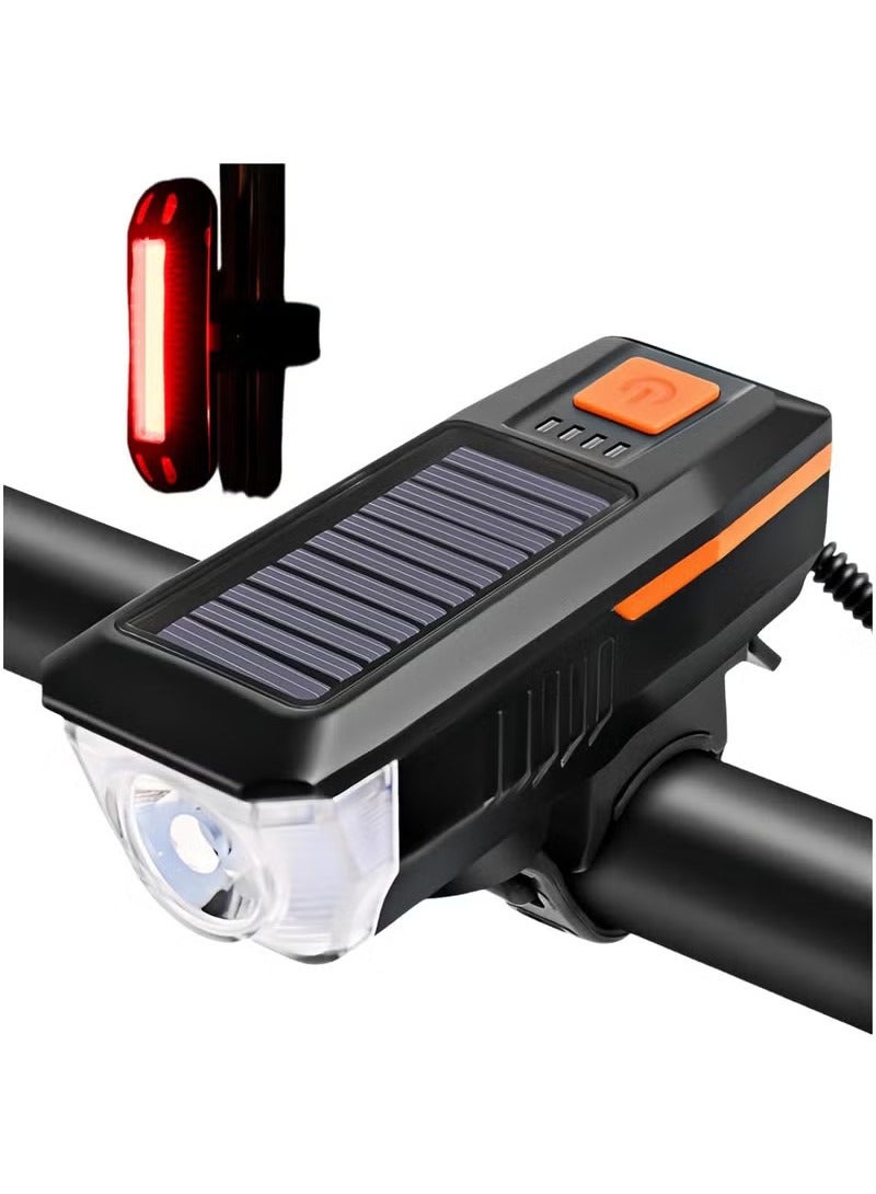 Arabest Rechargeable Solar Bike Lights, Night Ultra Bright Bicycle Lights Headlight and Back Taillight with Electric Bell, Easy to Install Waterproof, Road and Mountain LED Bike Lights (Orange)  - Image 1