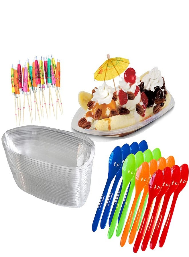 Outside the Box Papers Clear Plastic Banana Split Boats 12 oz.Disposable Dish - Paper Umbrellas - Eco Friendly Plastic Spoons- 16 Each - Image 1