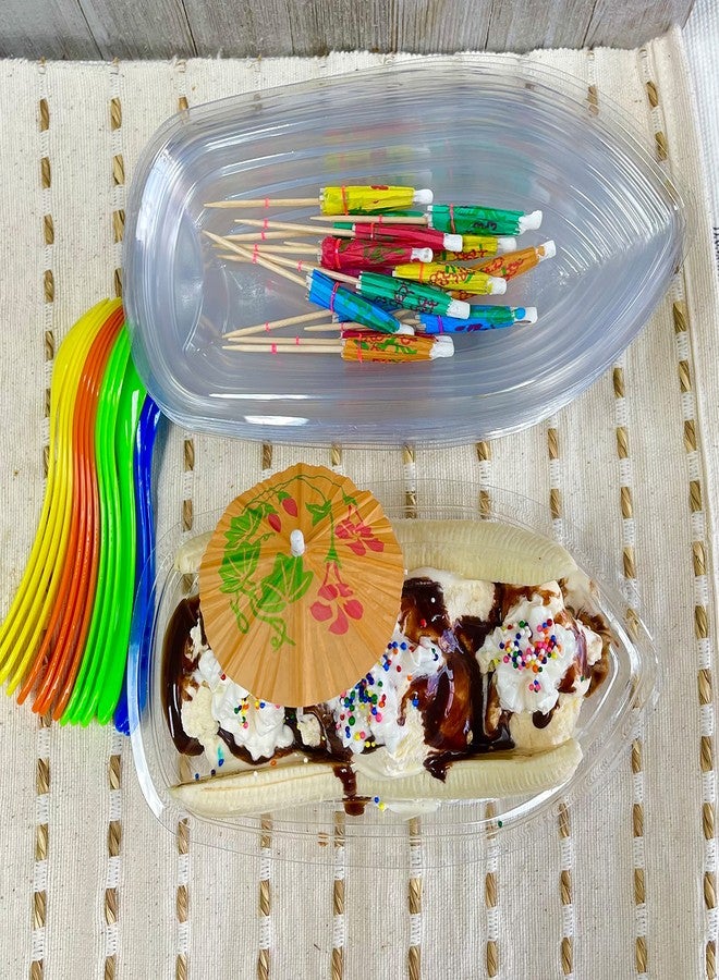 Outside the Box Papers Clear Plastic Banana Split Boats 12 oz.Disposable Dish - Paper Umbrellas - Eco Friendly Plastic Spoons- 16 Each - Image 3