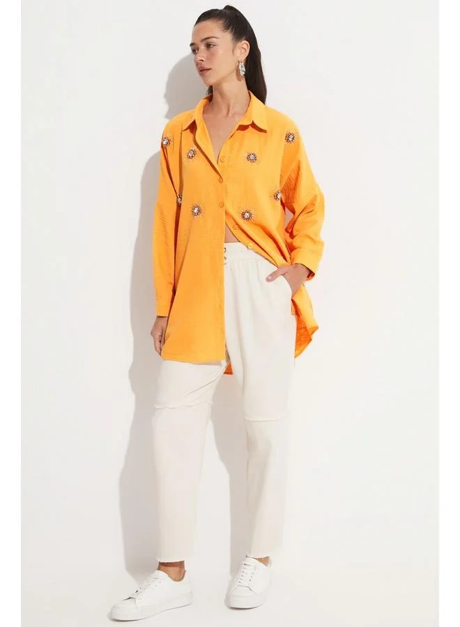 JUNE June Embroidered Detailed Loose Fit Shirt Orange