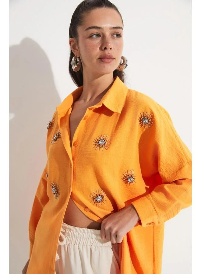 JUNE June Embroidered Detailed Loose Fit Shirt Orange