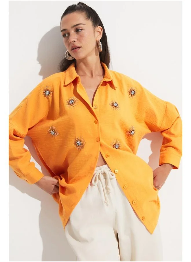 جون June Embroidered Detailed Loose Fit Shirt Orange