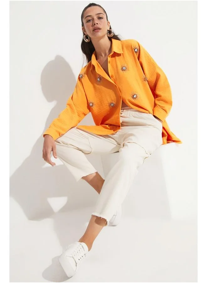 جون June Embroidered Detailed Loose Fit Shirt Orange