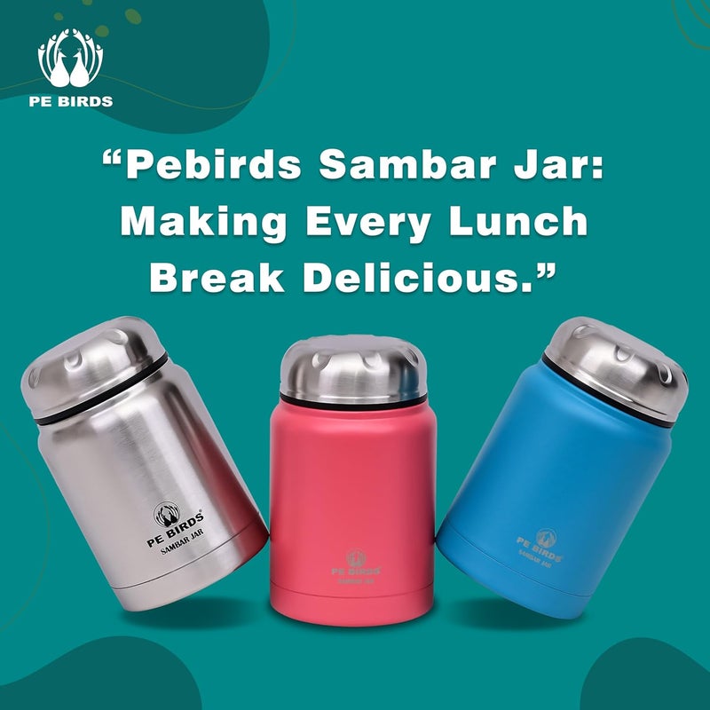 PE BIRDS from the house of peacocks Insulated food jar Soup Flask Sambar Jar Pluto 500 ML Silver