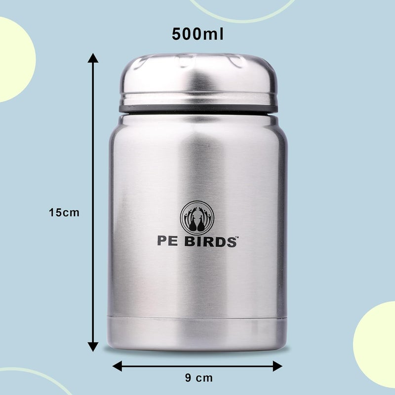 PE BIRDS from the house of peacocks Insulated food jar Soup Flask Sambar Jar Pluto 500 ML Silver