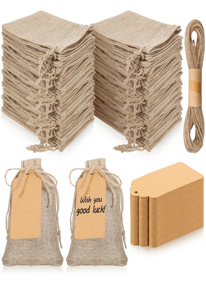 Exclaith 100 Pcs Bulk Tiny Burlap Sack Bags with Drawstring, Reusable Premium Linen Sack Bags with Tag and String, Small Party Favor Gift Bag, for Wedding Party Favor, DIY Craft Sachet Bag, 4 x 5.5 In, Brown - Image 1