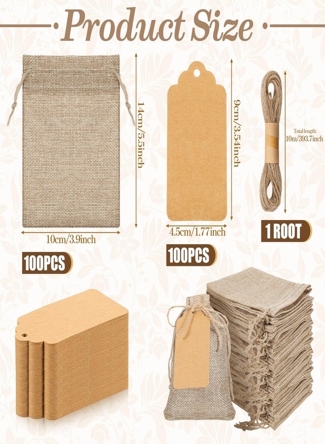 Exclaith 100 Pcs Bulk Tiny Burlap Sack Bags with Drawstring, Reusable Premium Linen Sack Bags with Tag and String, Small Party Favor Gift Bag, for Wedding Party Favor, DIY Craft Sachet Bag, 4 x 5.5 In, Brown - Image 2