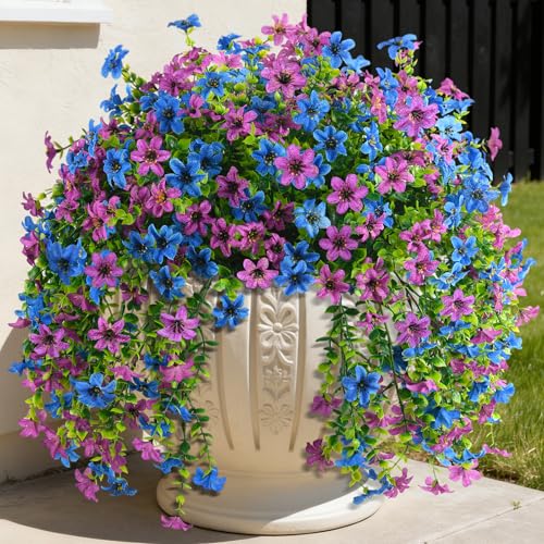 ZFProcess Artificial Hanging Flowers for Outdoors, 2 Pcs Fake Hanging Plant Spring Summer Decoration, UV Resistant No Fade Faux Flower for Porch Patio Yard Window Home Decor(Purple Blue) - Image 1