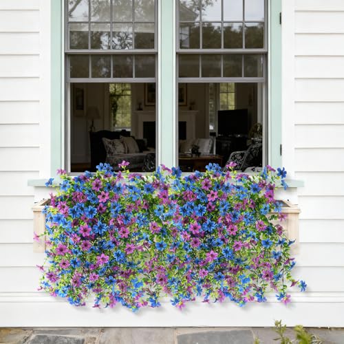 ZFProcess Artificial Hanging Flowers for Outdoors, 2 Pcs Fake Hanging Plant Spring Summer Decoration, UV Resistant No Fade Faux Flower for Porch Patio Yard Window Home Decor(Purple Blue) - Image 3