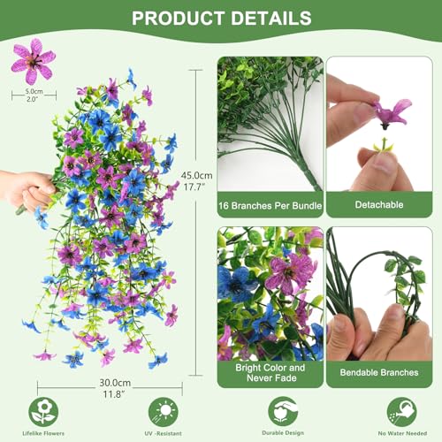 ZFProcess Artificial Hanging Flowers for Outdoors, 2 Pcs Fake Hanging Plant Spring Summer Decoration, UV Resistant No Fade Faux Flower for Porch Patio Yard Window Home Decor(Purple Blue) - Image 4