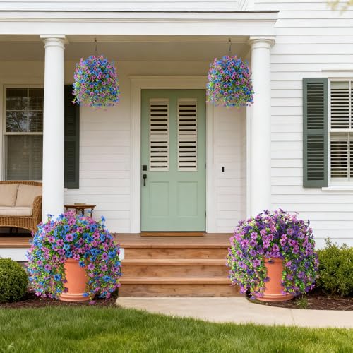ZFProcess Artificial Hanging Flowers for Outdoors, 2 Pcs Fake Hanging Plant Spring Summer Decoration, UV Resistant No Fade Faux Flower for Porch Patio Yard Window Home Decor(Purple Blue) - Image 2