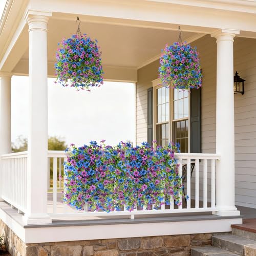 ZFProcess Artificial Hanging Flowers for Outdoors, 2 Pcs Fake Hanging Plant Spring Summer Decoration, UV Resistant No Fade Faux Flower for Porch Patio Yard Window Home Decor(Purple Blue) - Image 5
