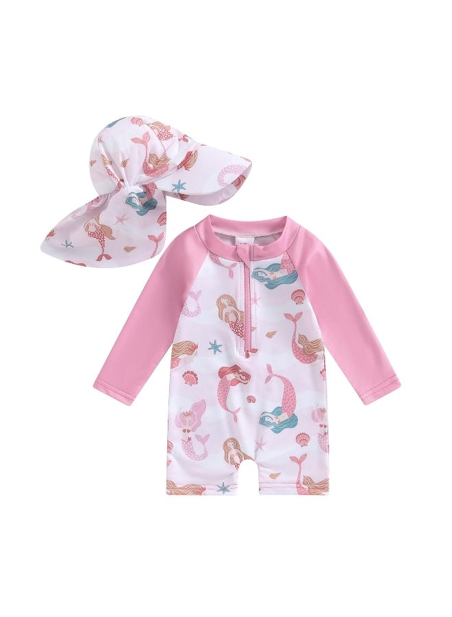 Baby Girl's Bathing Suit Set, Sea Shell Print Long Sleeve Rash Guard Swimsuit Wide Brim Sun Hat Infant Toddler Beachwear