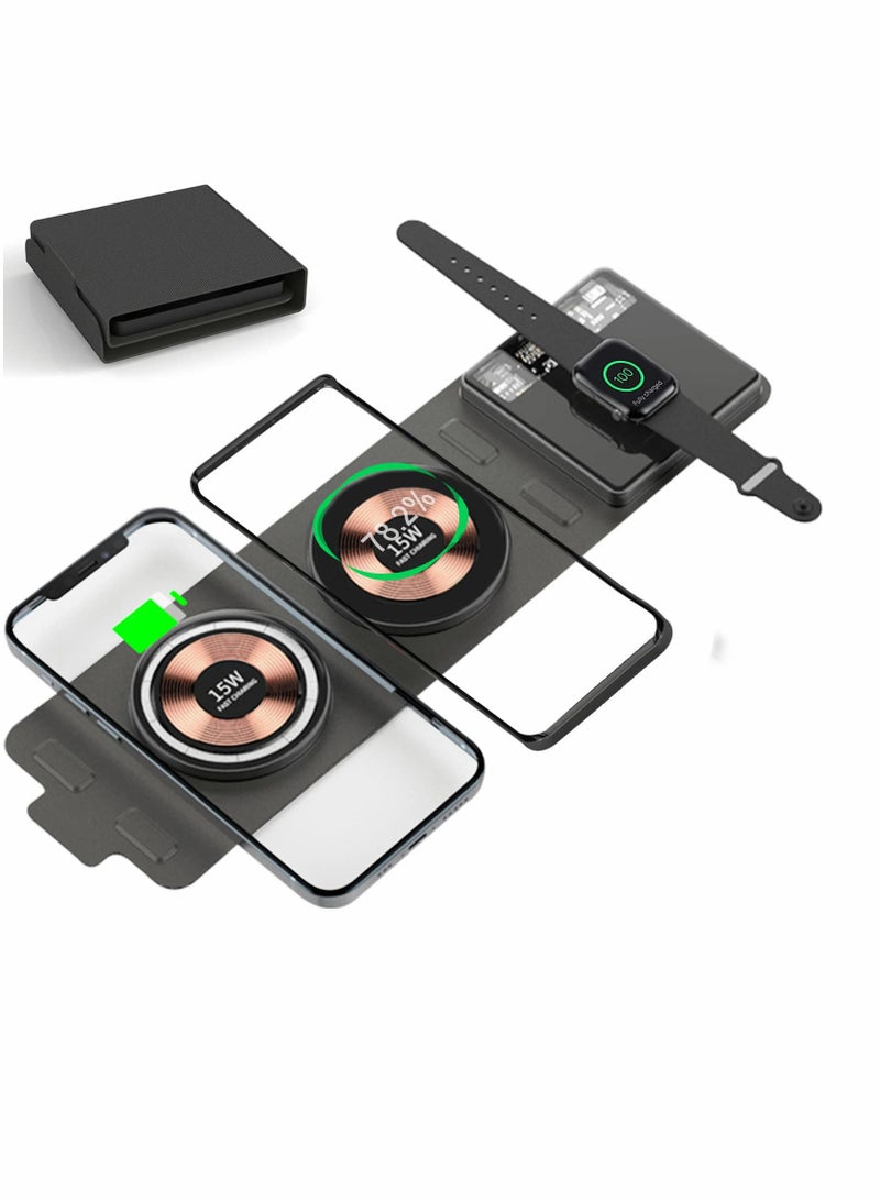 Excefore Fast Wireless Charger 15W, 3 in 1 Foldable Travel Magnetic Wireless Charger, Wireless Charging Pad Compatible with Mag-Safe Charger for iPhone 14/13/12, for Samsung Galaxy, for Apple Watch - Image 1