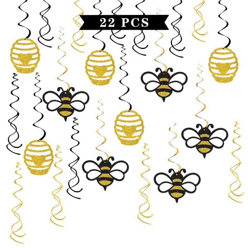 Maicaiffe Honey Bumble Bee Hanging Swirl Decorations - Glitter 22 Pcs Bee Baby Shower Party Supplies - Baby Birthday - Engagement - Wedding Streamers - Bee Theme Party Foil Swirls Ceiling Decorations - Image 1
