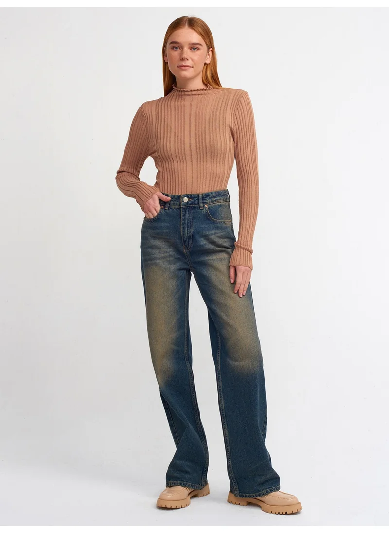 Dilvin 10497 High Collar Ribbed Transparent Sweater Camel